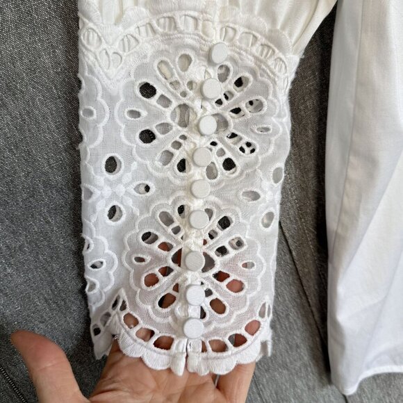Soft Surroundings White Long Sleeve Embroidered Lace Cuff Button Front Tunic Top - Picture 7 of 14